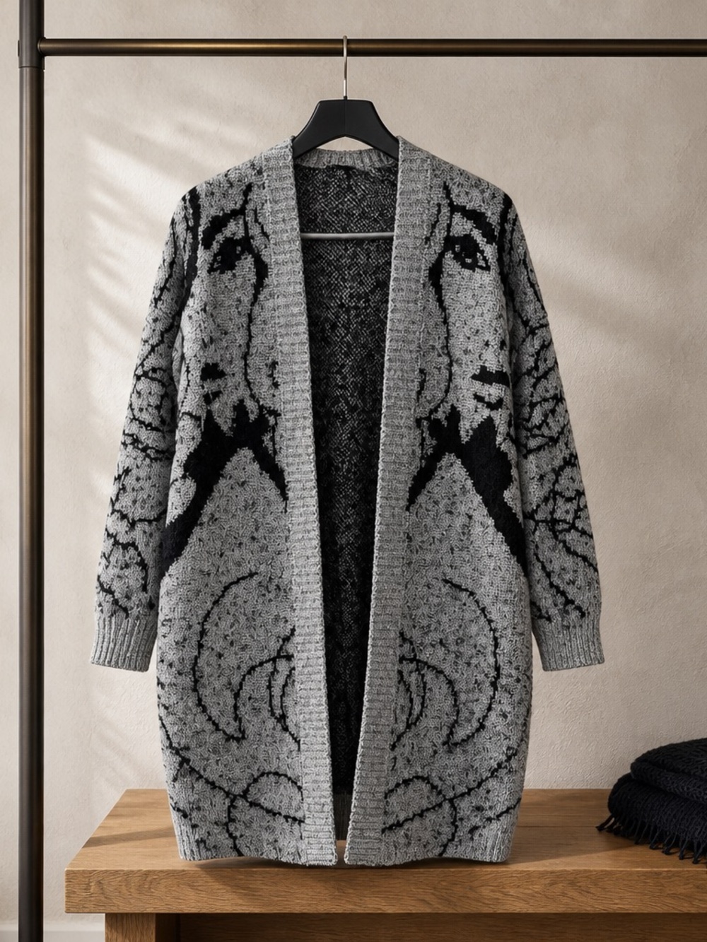 Gray Long Open-Front Women's Cardigan Sweater - Black Pattern